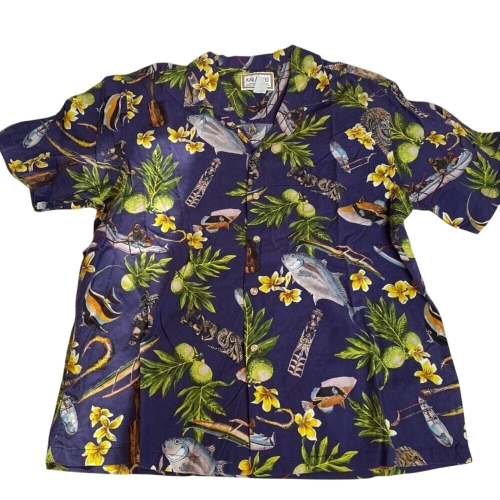 KALAHEO Mens Hawaiian Shirt Blue Fish Floral Print Short Sleeve Button Up‎